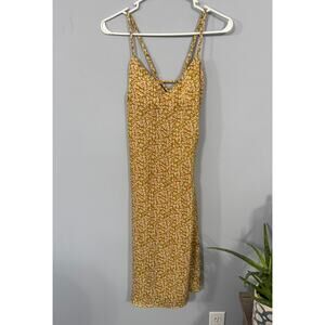 Max & Ash Retro Print Mustard Yellow Floral Dress w/ Lace Down Back Size Medium